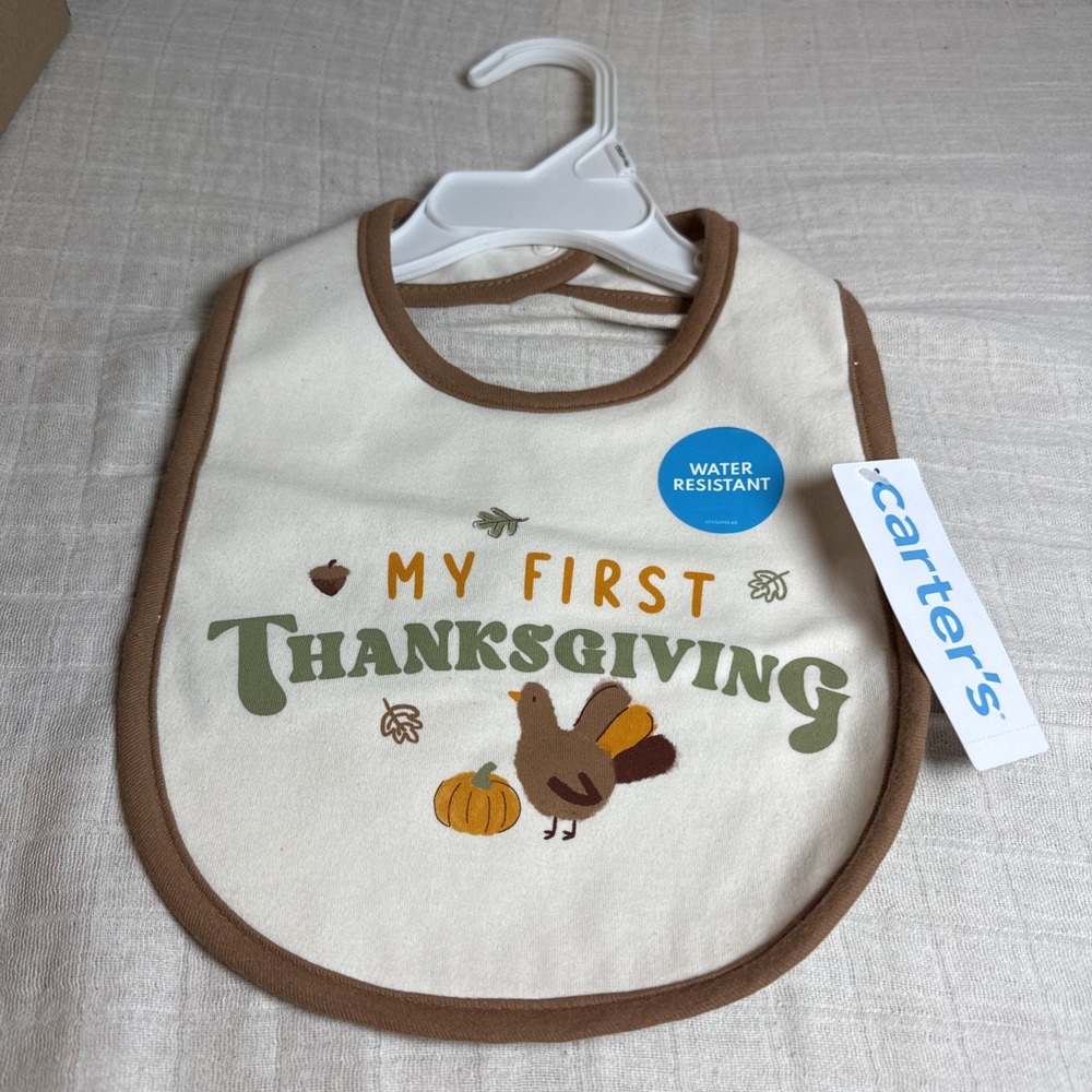 Carter's My First Thanksgiving Baby Bib Turkey Stay Dry Grey Brown 1J258210 NEW